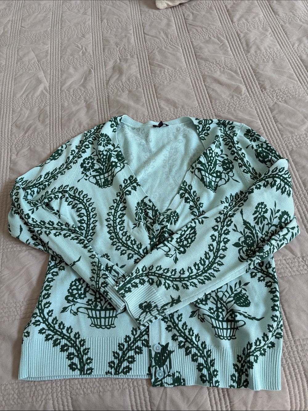 Talbots Mint Green Cardigan with Dark Green Floral Motif